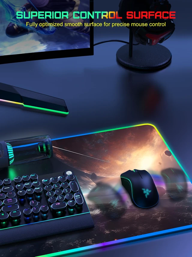 Alt view image 5 of 7 - 5-in-1 RGB Mouse Pad with Wireless Charging, Gaming Desk Mat, Cosmic Planet | 35.4" x 15.8" Waterproof Mousepad Keyboard Desk Pad, Ultra-Smooth Surface, Non-Slip Rubber Base, Dual Input Ports Design