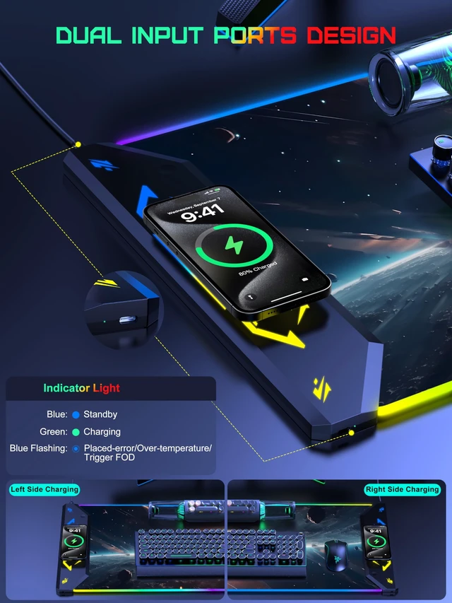 Alt view image 3 of 7 - 5-in-1 RGB Mouse Pad with Wireless Charging, Gaming Desk Mat, Cosmic Planet | 35.4" x 15.8" Waterproof Mousepad Keyboard Desk Pad, Ultra-Smooth Surface, Non-Slip Rubber Base, Dual Input Ports Design
