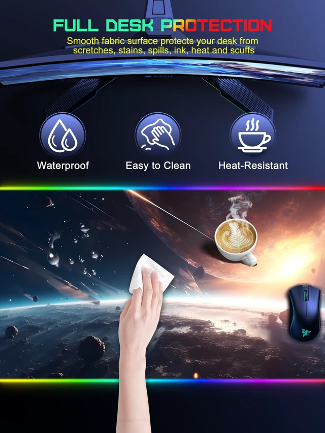 Alt view image 7 of 7 - 5-in-1 RGB Mouse Pad with Wireless Charging, Gaming Desk Mat, Cosmic Planet | 35.4" x 15.8" Waterproof Mousepad Keyboard Desk Pad, Ultra-Smooth Surface, Non-Slip Rubber Base, Dual Input Ports Design
