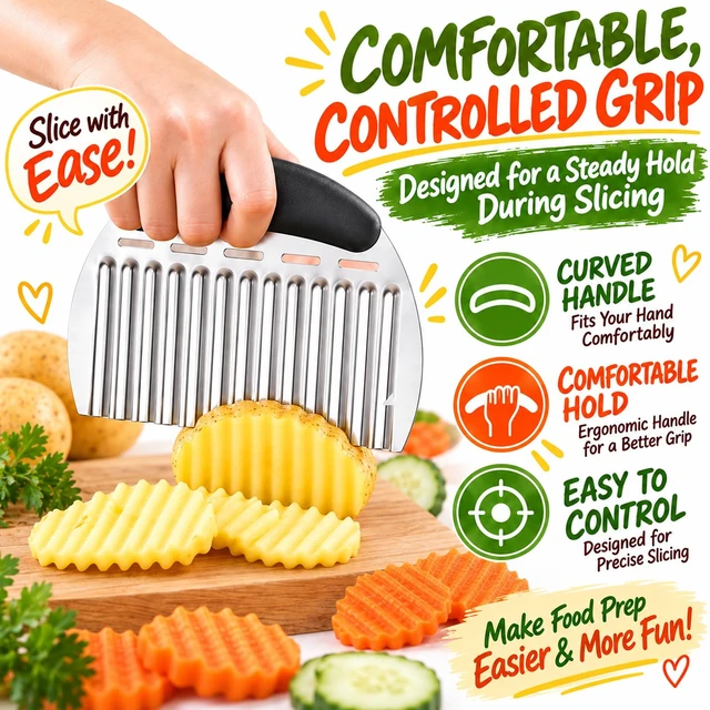 Alt view image 2 of 7 - Large Crinkle Cutter, Upgraded Stainless Steel Wavy Vegetable Slicer | Handheld Potato & Carrot Cutter for Crinkle Fries, Wavy Chips, Garnishes and Meal Prep, Ergonomic Handle