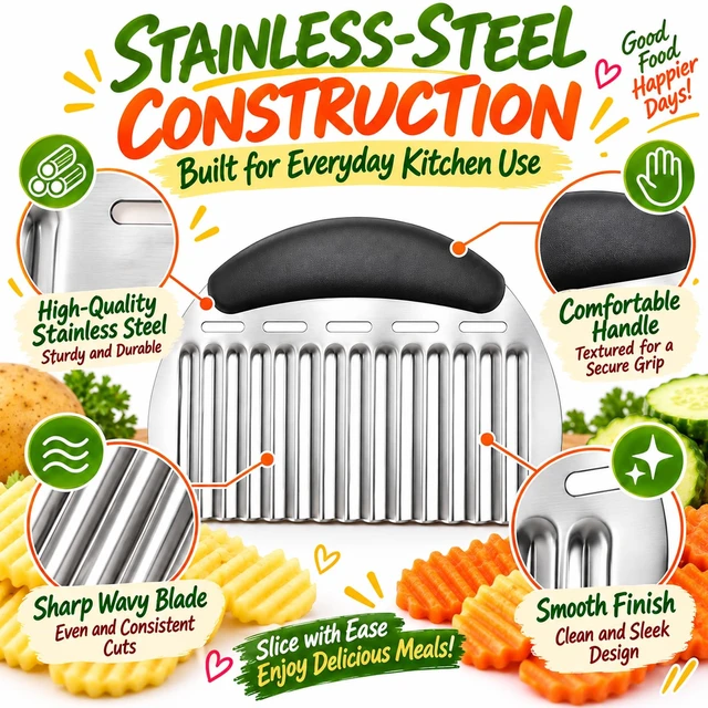 Alt view image 5 of 7 - Large Crinkle Cutter, Upgraded Stainless Steel Wavy Vegetable Slicer | Handheld Potato & Carrot Cutter for Crinkle Fries, Wavy Chips, Garnishes and Meal Prep, Ergonomic Handle