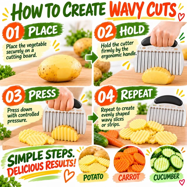 Alt view image 4 of 7 - Large Crinkle Cutter, Upgraded Stainless Steel Wavy Vegetable Slicer | Handheld Potato & Carrot Cutter for Crinkle Fries, Wavy Chips, Garnishes and Meal Prep, Ergonomic Handle