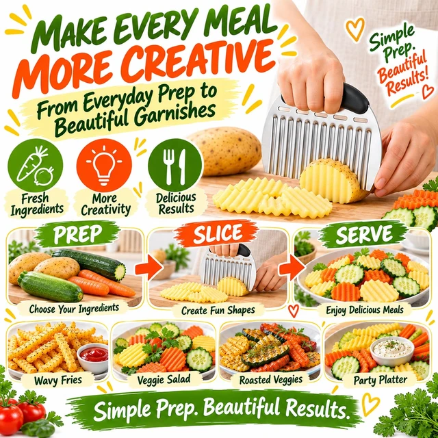 Alt view image 6 of 7 - Large Crinkle Cutter, Upgraded Stainless Steel Wavy Vegetable Slicer | Handheld Potato & Carrot Cutter for Crinkle Fries, Wavy Chips, Garnishes and Meal Prep, Ergonomic Handle
