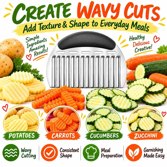Alt view image 7 of 7 - Large Crinkle Cutter, Upgraded Stainless Steel Wavy Vegetable Slicer | Handheld Potato & Carrot Cutter for Crinkle Fries, Wavy Chips, Garnishes and Meal Prep, Ergonomic Handle