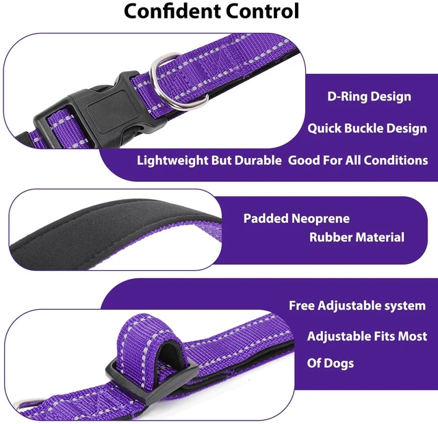 Alt view image 4 of 6 - Reflective Dog Collar, Adjustable Nylon for Medium Dogs,Purple | Quick Release,Soft Neoprene Padded,Metal D-Ring