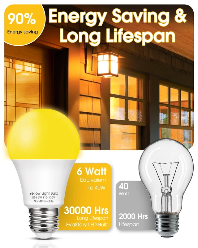 Alt view image 5 of 7 - Bug Light Bulbs Outdoor, 40W Equivalent Amber Yellow A19 LED Bug Lights | 6W LED 500LM 2000K Yellow Lamp for Porch Lights, Patio, Backyard, Hallway Night Bulb, Non-Attracting, Not-Dimmable, 2 Pack