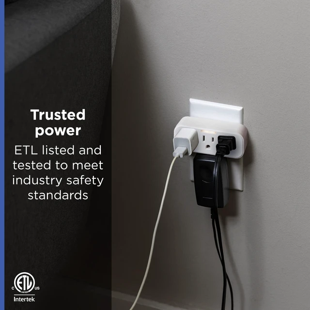 Alt view image 4 of 6 - Outlet Extender, Guide Light, 3 Outlet Multi Plug Wall Power Splitter | 3 Prong Grounded Multiple Plug Wall Adapter, Electrical Expander, UL Safety Listed, White, 14494