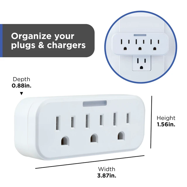 Alt view image 6 of 6 - Outlet Extender, Guide Light, 3 Outlet Multi Plug Wall Power Splitter | 3 Prong Grounded Multiple Plug Wall Adapter, Electrical Expander, UL Safety Listed, White, 14494