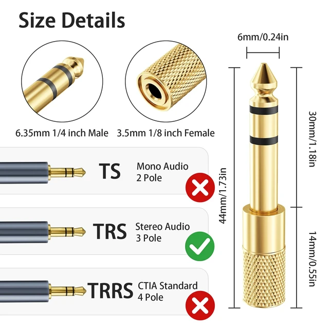 Alt view image 6 of 7 - 10-Pack 3.5mm to 1/4 Stereo Headphone Adapter, Gold Plated 6.35mm 1/4 Male to 3.5mm 1/8 Female Stereo Jack Converter for Auxiliary Cables, Amplifiers, Guitars, Digital Pianos.