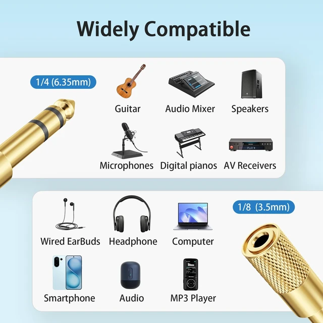 Alt view image 3 of 7 - 10-Pack 3.5mm to 1/4 Stereo Headphone Adapter, Gold Plated 6.35mm 1/4 Male to 3.5mm 1/8 Female Stereo Jack Converter for Auxiliary Cables, Amplifiers, Guitars, Digital Pianos.