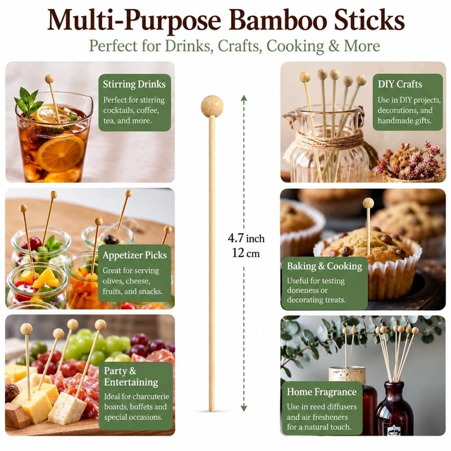 Alt view image 2 of 4 - Wooden Rock Candy Sticks, 100 Pcs | 100-Piece Set; Multi-Purpose Design; Convenient Ball Tops; Natural Bamboo Material; Perfect for Events