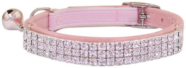Main image of Rhinestones Cat Dog Collar Soft Velvet Safe Adjustable Collar Bling Diamante with Bells, 8-11 inch for Small Dogs and Cats (Pink)