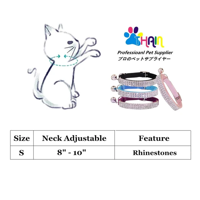 Alt view image 2 of 6 - Rhinestones Cat Dog Collar Soft Velvet Safe Adjustable Collar Bling Diamante with Bells, 8-11 inch for Small Dogs and Cats (Pink)