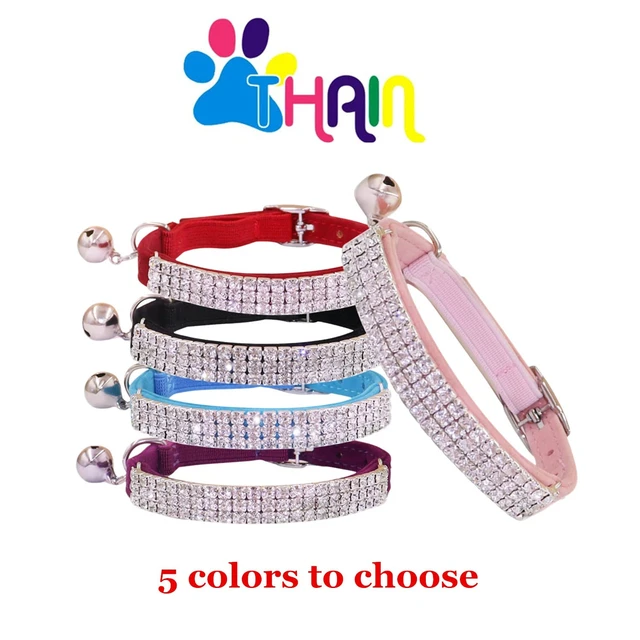 Alt view image 3 of 6 - Rhinestones Cat Dog Collar Soft Velvet Safe Adjustable Collar Bling Diamante with Bells, 8-11 inch for Small Dogs and Cats (Pink)