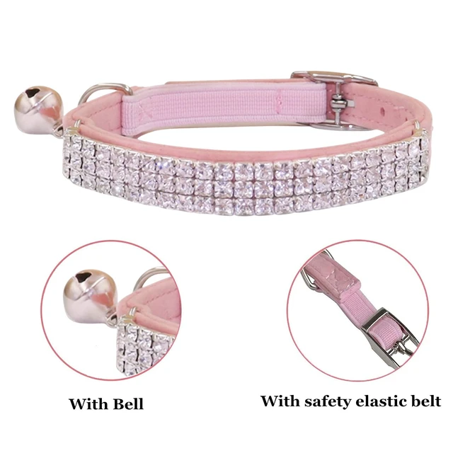 Alt view image 4 of 6 - Rhinestones Cat Dog Collar Soft Velvet Safe Adjustable Collar Bling Diamante with Bells, 8-11 inch for Small Dogs and Cats (Pink)