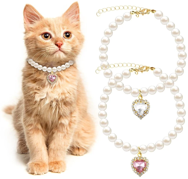 Main image of 2pcs Cute Girl Cat Collar, Pearl Cat Dog Collar with Small Heart Shape Rhinestone for Small Dogs and Cats Adjustable Fancy Dog Pearl Necklace Collars, Pink Heart + White Heart