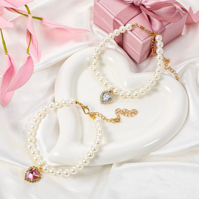Alt view image 2 of 7 - 2pcs Cute Girl Cat Collar, Pearl Cat Dog Collar with Small Heart Shape Rhinestone for Small Dogs and Cats Adjustable Fancy Dog Pearl Necklace Collars, Pink Heart + White Heart