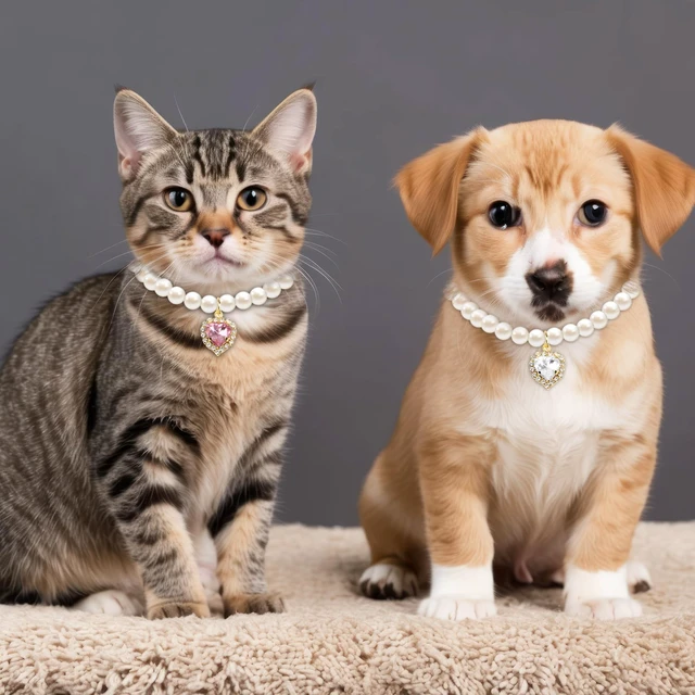 Alt view image 3 of 7 - 2pcs Cute Girl Cat Collar, Pearl Cat Dog Collar with Small Heart Shape Rhinestone for Small Dogs and Cats Adjustable Fancy Dog Pearl Necklace Collars, Pink Heart + White Heart