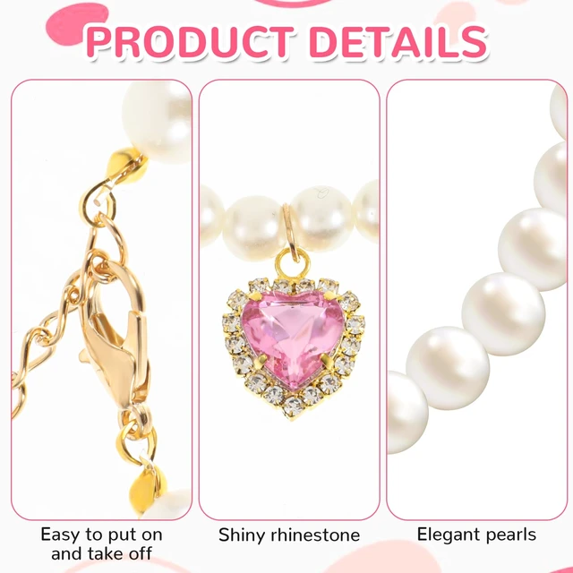 Alt view image 4 of 7 - 2pcs Cute Girl Cat Collar, Pearl Cat Dog Collar with Small Heart Shape Rhinestone for Small Dogs and Cats Adjustable Fancy Dog Pearl Necklace Collars, Pink Heart + White Heart