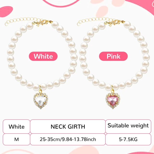 Alt view image 5 of 7 - 2pcs Cute Girl Cat Collar, Pearl Cat Dog Collar with Small Heart Shape Rhinestone for Small Dogs and Cats Adjustable Fancy Dog Pearl Necklace Collars, Pink Heart + White Heart