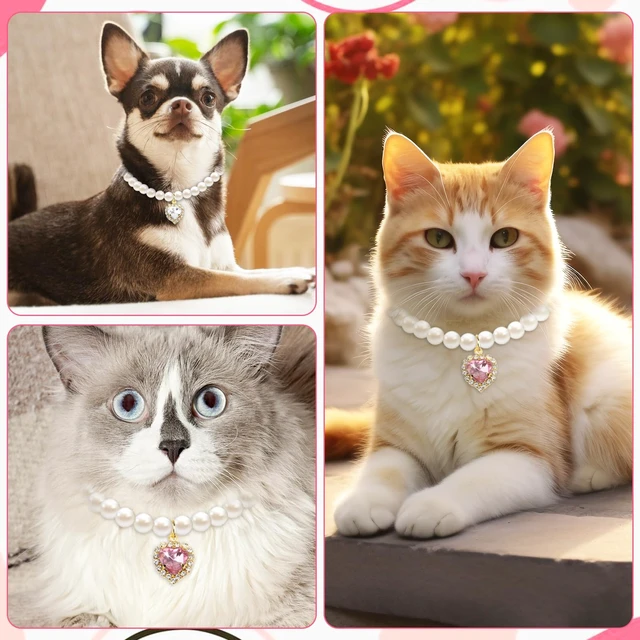 Alt view image 6 of 7 - 2pcs Cute Girl Cat Collar, Pearl Cat Dog Collar with Small Heart Shape Rhinestone for Small Dogs and Cats Adjustable Fancy Dog Pearl Necklace Collars, Pink Heart + White Heart