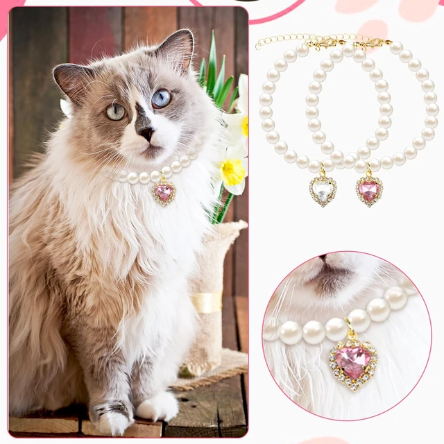 Alt view image 7 of 7 - 2pcs Cute Girl Cat Collar, Pearl Cat Dog Collar with Small Heart Shape Rhinestone for Small Dogs and Cats Adjustable Fancy Dog Pearl Necklace Collars, Pink Heart + White Heart