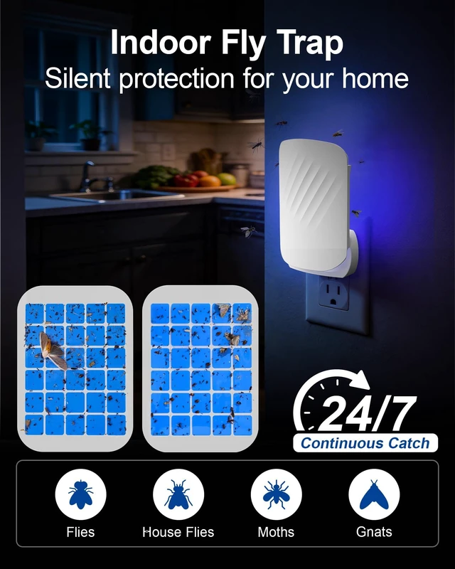 Alt view image 2 of 7 - Flying Insect Trap for Indoors, Plug-in Bug Catcher for Gnats, Fruit Flies | 1 Device & 3 Refill Cartridges, Chemical-free Blue UV Light Bug Control, Gnat Traps for Indoor, Safe for Children & Pets