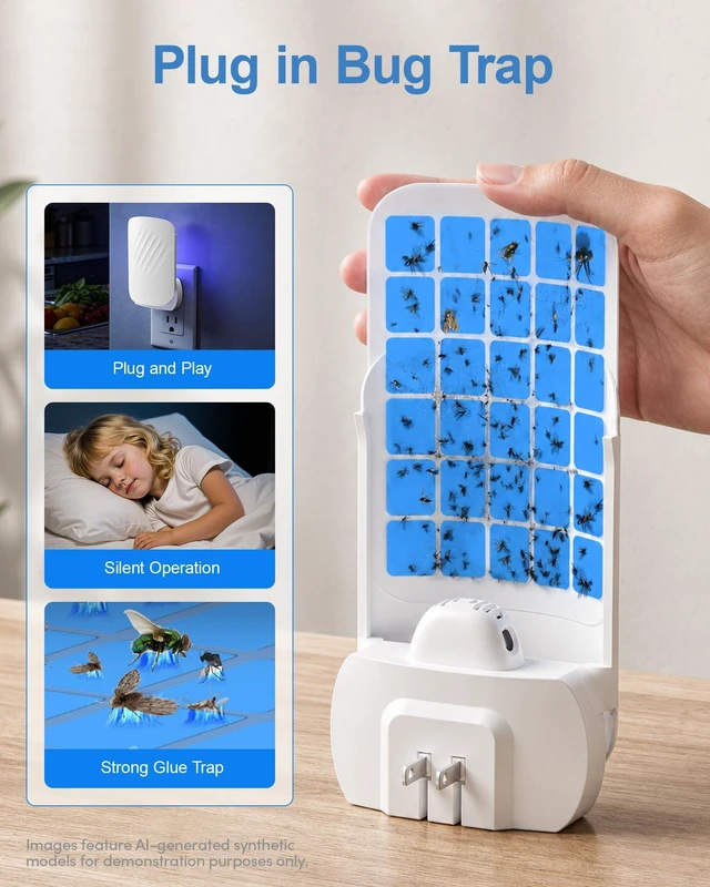 Alt view image 3 of 7 - Flying Insect Trap for Indoors, Plug-in Bug Catcher for Gnats, Fruit Flies | 1 Device & 3 Refill Cartridges, Chemical-free Blue UV Light Bug Control, Gnat Traps for Indoor, Safe for Children & Pets