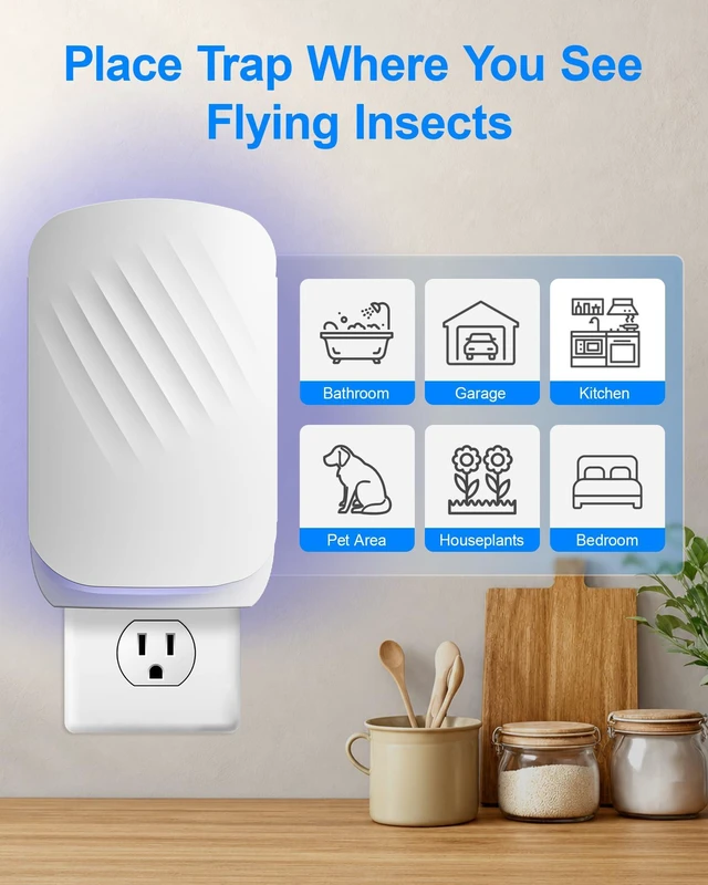 Alt view image 6 of 7 - Flying Insect Trap for Indoors, Plug-in Bug Catcher for Gnats, Fruit Flies | 1 Device & 3 Refill Cartridges, Chemical-free Blue UV Light Bug Control, Gnat Traps for Indoor, Safe for Children & Pets