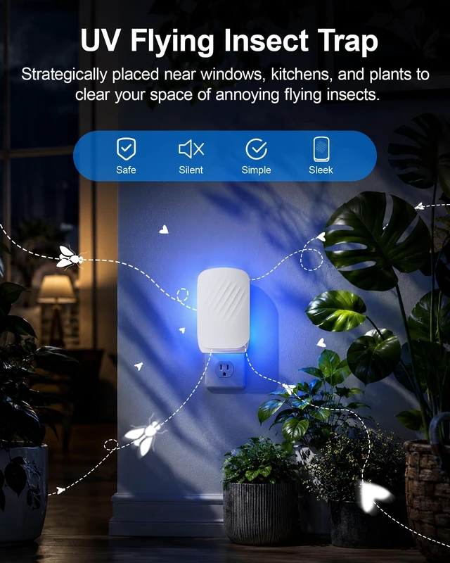 Alt view image 5 of 7 - Flying Insect Trap for Indoors, Plug-in Bug Catcher for Gnats, Fruit Flies | 1 Device & 3 Refill Cartridges, Chemical-free Blue UV Light Bug Control, Gnat Traps for Indoor, Safe for Children & Pets