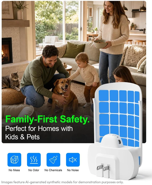 Alt view image 7 of 7 - Flying Insect Trap for Indoors, Plug-in Bug Catcher for Gnats, Fruit Flies | 1 Device & 3 Refill Cartridges, Chemical-free Blue UV Light Bug Control, Gnat Traps for Indoor, Safe for Children & Pets