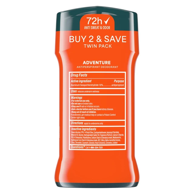 Alt view image 2 of 7 - Men Advanced Antiperspirant Deodorant, Adventure, 2-Pack, 2.7 oz | For everyday use, provides 72-hour sweat and odor protection with MotionSense Technology.