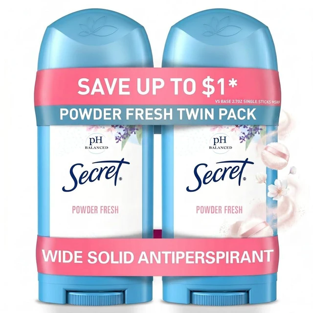 Main image of Antiperspirant and Deodorant for Women, 24hr Sweat & Odor Protection, PH Balanced Protection, Gentle on Skin, Wide Solid, Powder Fresh Scent, 2.7 oz (Pack of 2)