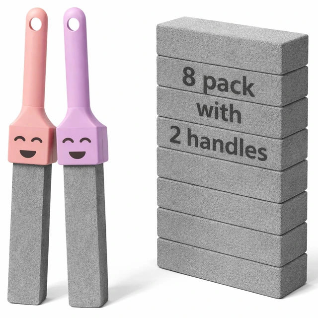 Main image of 8 Pack Pumice Stone for Toilet Cleaning with 2 Reusable Handles | Pumice Stone Stick, Toilet Bowl Cleaner, Powerfully Clean Hard Water Ring, Toilet Tub Sinks Grill Stove Grates and Pool Tiles