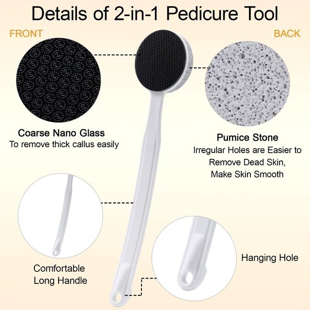 Alt view image 2 of 6 - Nano Glass and Pumice Stone for Feet Callus Remover Long Handle 13.7", Double Sided Foot File, Durable Foot Scrubber Pedicure Tool for Hard & Dead Skin Remover, Soft and Smooth Feet, White
