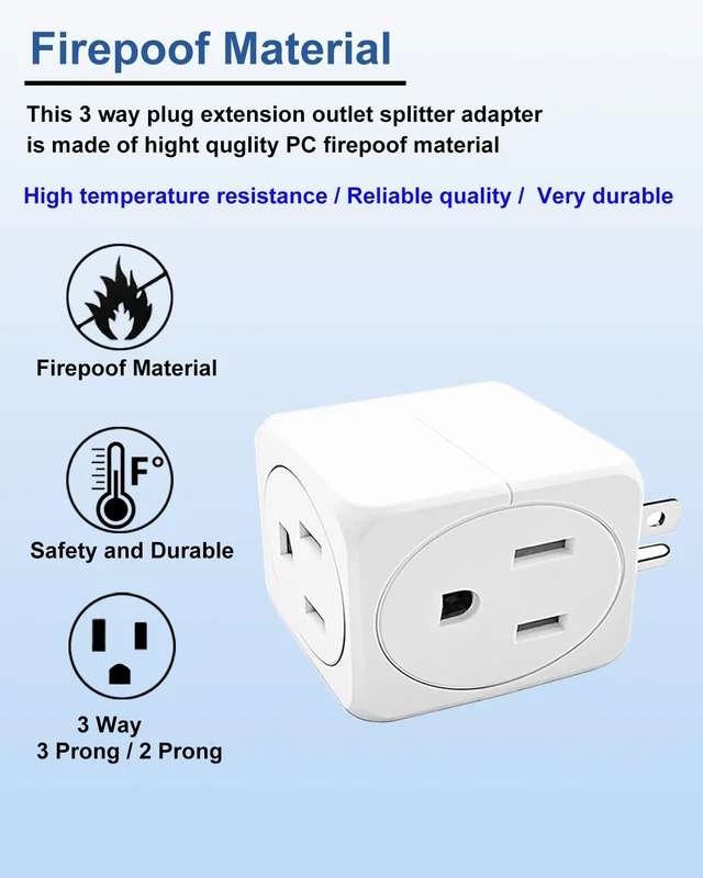 Alt view image 4 of 7 - 3 Plug Outlet Splitter Adapter, Multi Plug Wall Outlet Extender,3 Pack | Small 3 Way Plug Extension Adapter for Cruise Ship, Home Office, Dorm Room, Travel Essentials, Easy to Install,White