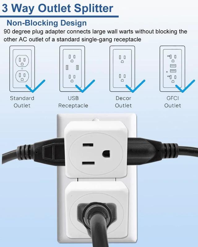 Alt view image 5 of 7 - 3 Plug Outlet Splitter Adapter, Multi Plug Wall Outlet Extender,3 Pack | Small 3 Way Plug Extension Adapter for Cruise Ship, Home Office, Dorm Room, Travel Essentials, Easy to Install,White