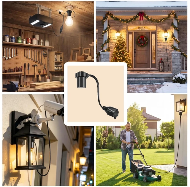 Alt view image 7 of 7 - 3 in 1 Light Socket Outlet Adapter, E26/E27 Bulb Socket to 3 Prong Grounded Plug Adapter, Suitable for Outdoor Porch Garage Porches Basements and Utility Areas