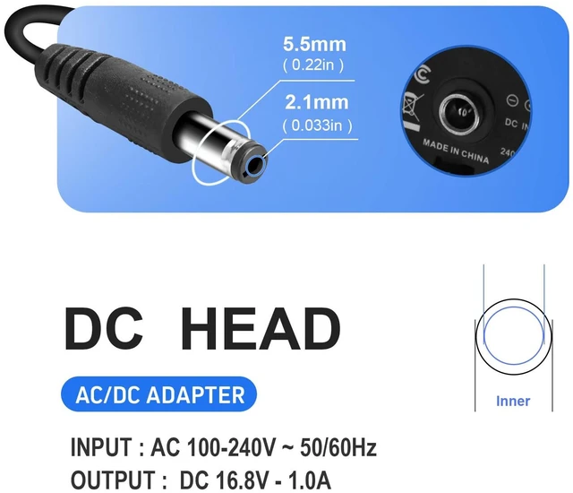 Alt view image 7 of 7 - 16.8V 1A AC/DC Massage Gun Charger, 5ft Power Supply Cord - Compatible with LifePro Sonic, Fusion X, Youdgee H1 Mini, Mebak 3, Cryotex, Jetbu