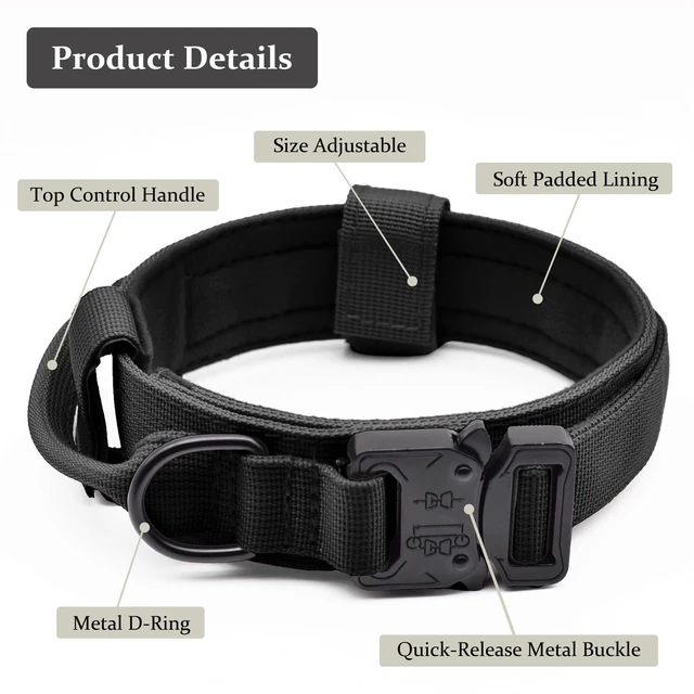 Alt view image 2 of 7 - Dog Collar, Adjustable Military Training Nylon Pet Collar, Black L | Tear-Resistant Webbing, Tactical Collars with Control Handle and Heavy Quick-Release Metal Buckle for Small Medium Large Dogs