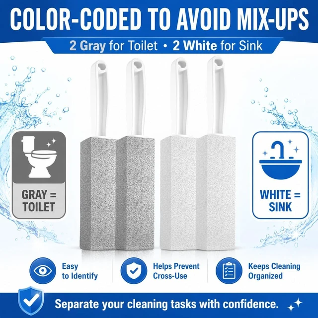 Alt view image 7 of 7 - 4 Pack Pumice Stone Toilet Bowl Cleaner with Handle, Pumice Cleaning Stone for Removing Hard Water Rings, Rust & Lime from Toilets, Sinks, Pools & Grills & Stove (2 Grey and 2 White)