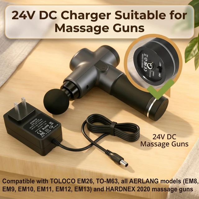Alt view image 6 of 7 - 24V Massage Gun Charger Power Adapter Charging Cable, Compatible with TOLOCO EM26, TO-M63, AERLANG EM8 EM9 EM10 EM11 EM12 EM13, Darkiron EM31, HARDNEX 2020 Replacement Accessories