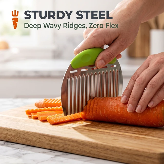 Alt view image 4 of 7 - Crinkle Cutter French Fry Cutter, 2 Pack Stainless Steel Wavy Potato Slicer | Waffle Fries Chopper Tool, Fresh Vegetable Fruit Knife, Reinforced Ergonomic Handle Chopping Blade, Kitchen Gadgets