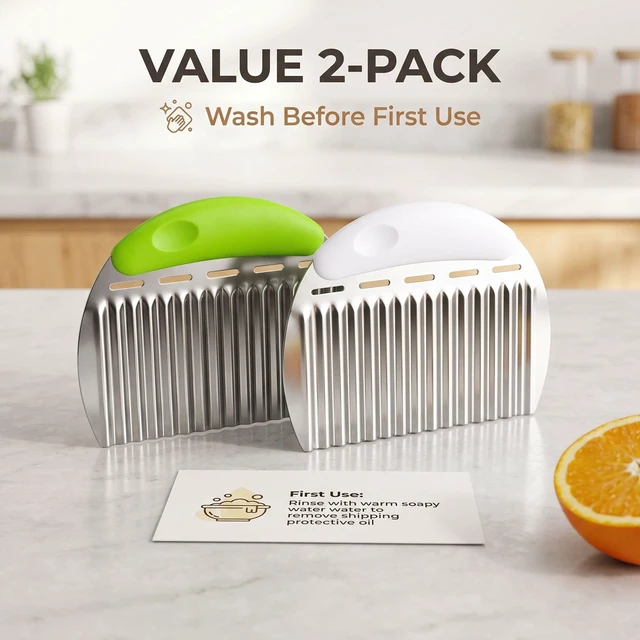 Alt view image 7 of 7 - Crinkle Cutter French Fry Cutter, 2 Pack Stainless Steel Wavy Potato Slicer | Waffle Fries Chopper Tool, Fresh Vegetable Fruit Knife, Reinforced Ergonomic Handle Chopping Blade, Kitchen Gadgets