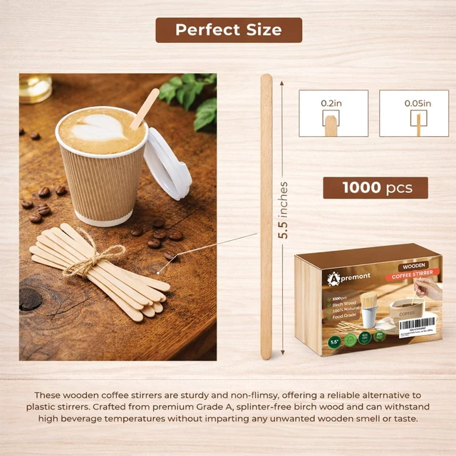 Alt view image 2 of 7 - 5.5 1000pcs Birchwood Coffee Stirrers Eco-Friendly Wooden Stir Sticks for Hot & Cold Drinks Compostable, Disposable, Natural Wood, Smooth Finish Bulk for Coffee Bar, Office, Cafe