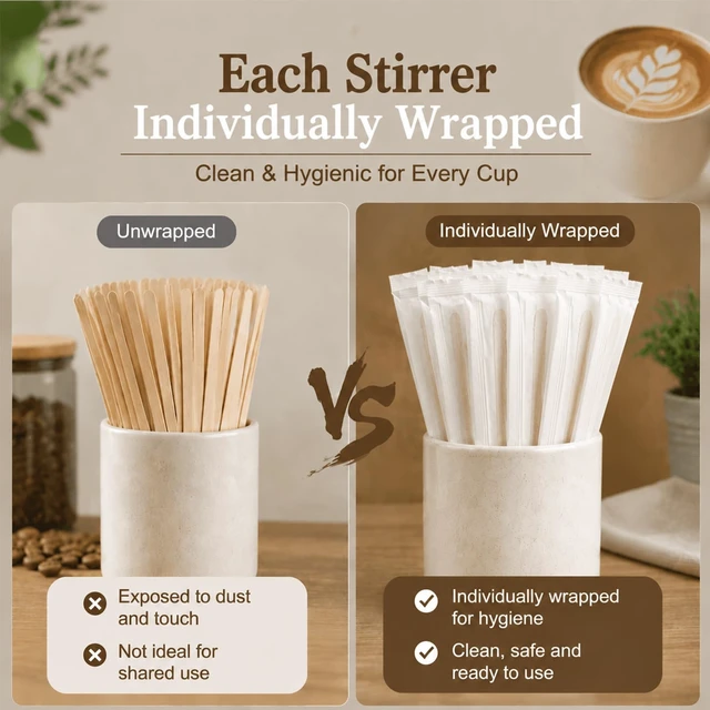 Alt view image 2 of 7 - 200 Pcs 5.5 Inch Individually Wrapped Coffee Stirrers | Birch Wood Round End Wooden Coffee Stirrers with Storage Container for Coffee, Cocktail, Tea, and Hot Drinks