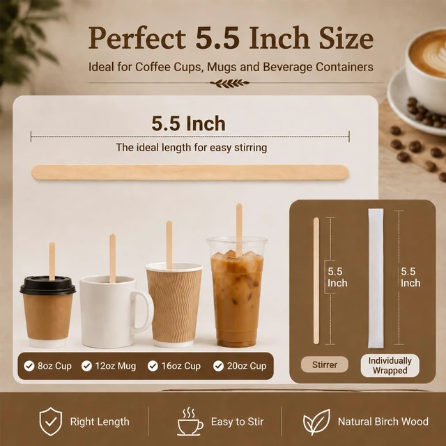 Alt view image 3 of 7 - 200 Pcs 5.5 Inch Individually Wrapped Coffee Stirrers | Birch Wood Round End Wooden Coffee Stirrers with Storage Container for Coffee, Cocktail, Tea, and Hot Drinks