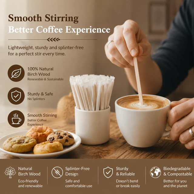 Alt view image 4 of 7 - 200 Pcs 5.5 Inch Individually Wrapped Coffee Stirrers | Birch Wood Round End Wooden Coffee Stirrers with Storage Container for Coffee, Cocktail, Tea, and Hot Drinks