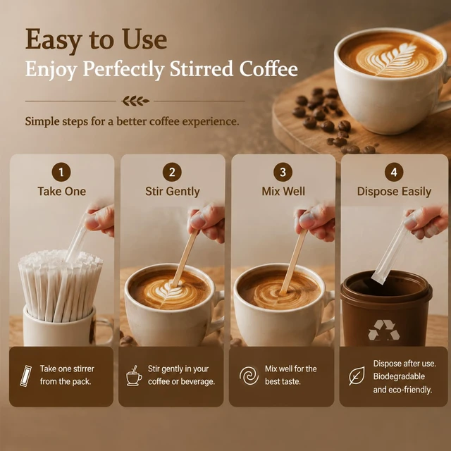 Alt view image 5 of 7 - 200 Pcs 5.5 Inch Individually Wrapped Coffee Stirrers | Birch Wood Round End Wooden Coffee Stirrers with Storage Container for Coffee, Cocktail, Tea, and Hot Drinks