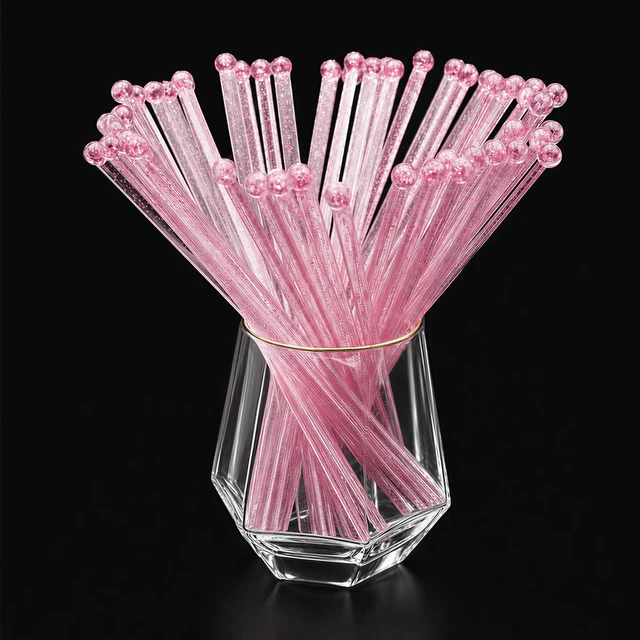 Main image of 50-PCS Pink Glitter Plastic Swizzle Sticks, Crystal Cake Pops, Cocktail Coffee Drink Stirrers, Lolipop Stick, for Valentines Day Christmas Party, 7.24 Inch